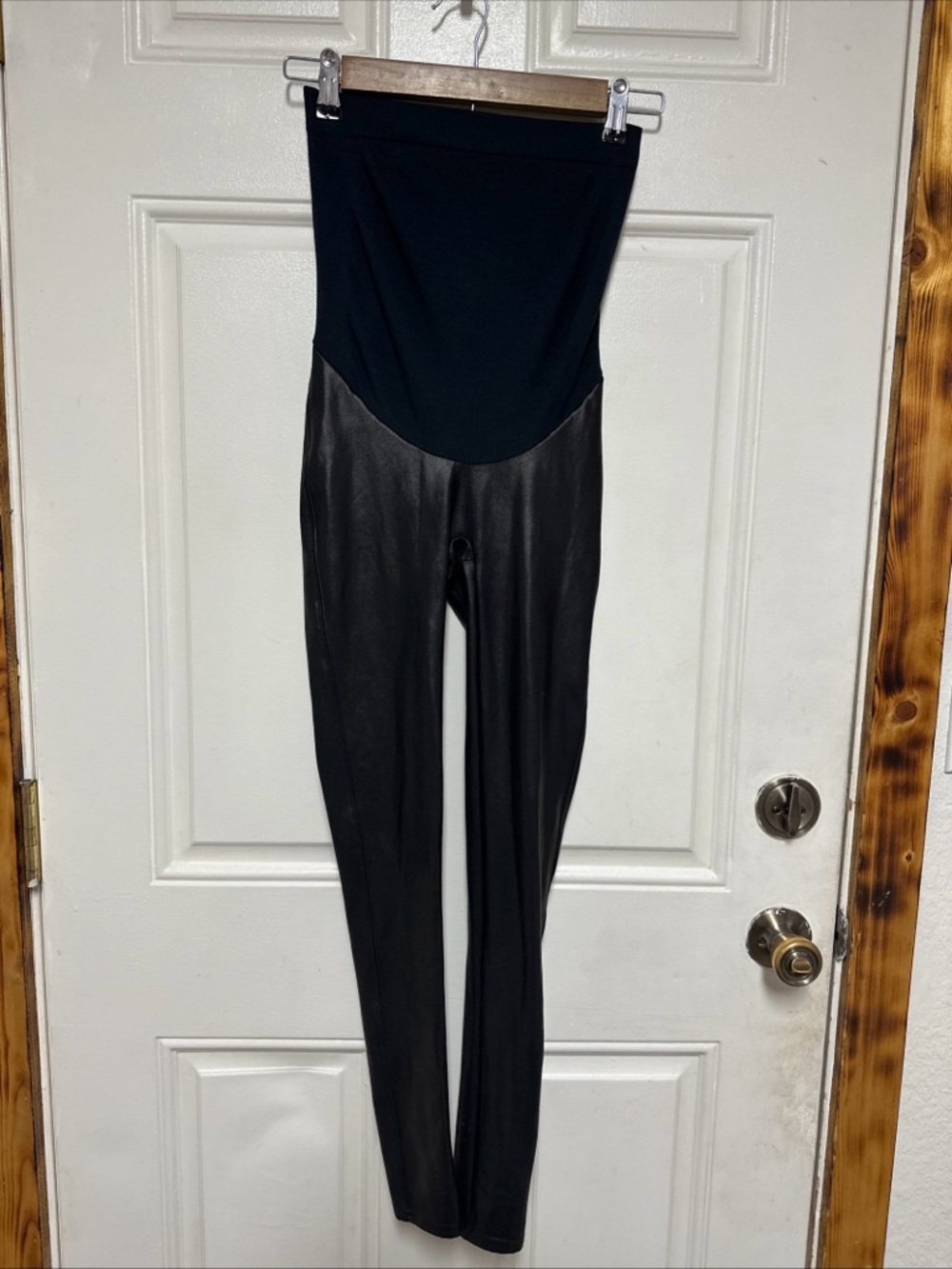 Spanx Mama Maternity Faux Leather High Waisted Leggings Sheen Black Sz S Stretch